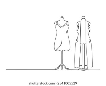 Continuous one line drawing of dress in mannequin. Mannequin single line art vector illustration. Editable vector. 
