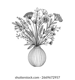Continuous one line drawing of dried flowers in a vase. Vector illustration.