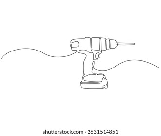 Continuous one line drawing of drilling machine. One line drawing illustration of electric drilling machine. Construction tool concept single line. Editable outline
