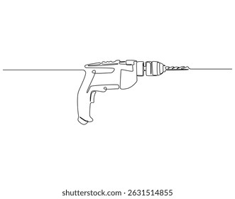 Continuous one line drawing of drilling machine. One line drawing illustration of electric drilling machine. Construction tool concept single line. Editable outline
