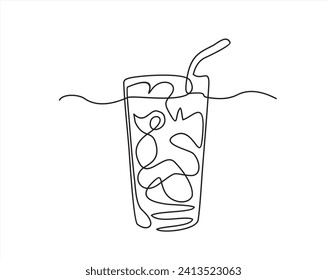 Continuous one line drawing of Drink Glass with ice cubes. Cocktail with straw and ice cubes. Line art style. Vector illustration