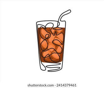 Continuous one line drawing of Drink Glass with ice cubes. Cocktail with straw and ice cubes. Line art style. Vector illustration