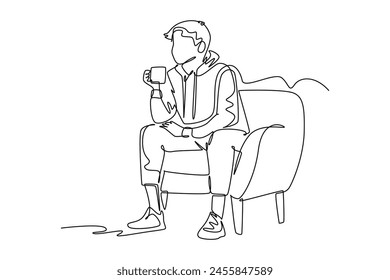 Continuous one line drawing drinking coffee concept. Doodle vector illustration.