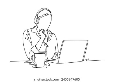Continuous one line drawing drinking coffee concept. Doodle vector illustration.