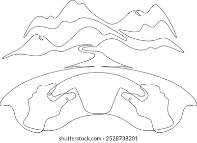 Uma linha contínua desenhando as mãos do motorista no volante de um carro.A estrada vai para a distância na frente do carro.Paisagem de montanha em segundo plano.Uma linha contínua isolada mínima 