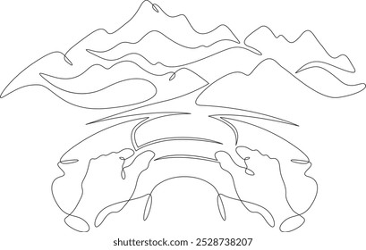 Uma linha contínua desenhando as mãos do motorista no volante de um carro.A estrada vai para a distância na frente do carro.Paisagem de montanha em segundo plano.Uma linha contínua isolada mínima 