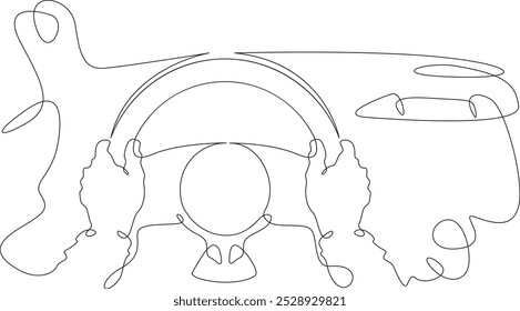 Contínuo uma linha desenhando as mãos do motorista no volante de um carro.Car dashboard.Car volante.Uma linha contínua isolada ilustração mínima.