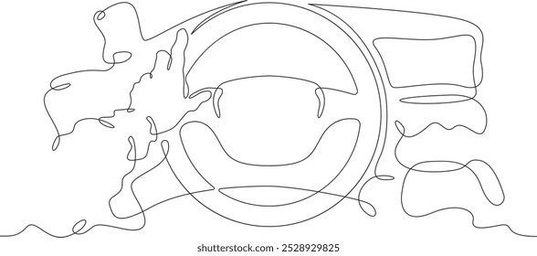 Contínuo uma linha desenhando as mãos do motorista no volante de um carro.Car dashboard.Car volante.Uma linha contínua isolada ilustração mínima.