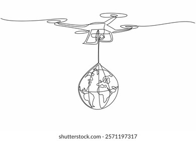 Continuous one line drawing drone carrying globe. Definition of technology that helps humans. Flying without the need for a pilot. International Drone Day. Single line draw design vector illustration