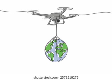 Continuous one line drawing drone carrying globe. Definition of technology that helps humans. Flying without the need for a pilot. International Drone Day. Single line draw design vector illustration