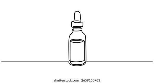Desenho contínuo de uma linha de um frasco de conta-gotas usado para óleos essenciais ou cuidados da pele. Vetor minimalista simbolizando beleza, bem-estar e aromaterapia.