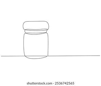 Continuous one line drawing of drug bottle, pill bottle. One line drawing illustration of supplements jar. Medical, healt care product concept single line. Editable outline