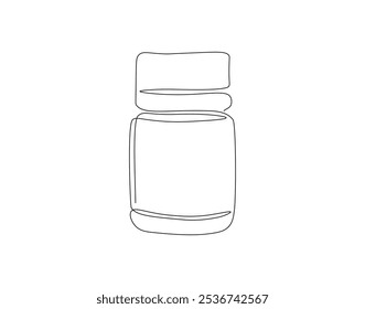 Continuous one line drawing of drug bottle, pill bottle. One line drawing illustration of supplements jar. Medical, healt care product concept single line. Editable outline