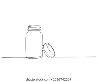 Continuous one line drawing of drug bottle, pill bottle. One line drawing illustration of supplements jar. Medical, healt care product concept single line. Editable outline