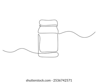 Continuous one line drawing of drug bottle, pill bottle. One line drawing illustration of supplements jar. Medical, healt care product concept single line. Editable outline