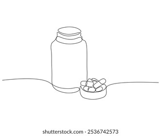 Continuous one line drawing of drug bottle, pill bottle. One line drawing illustration of supplements jar. Medical, healt care product concept single line. Editable outline