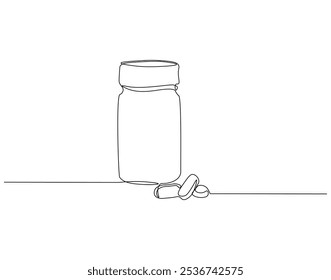 Continuous one line drawing of drug bottle, pill bottle. One line drawing illustration of supplements jar. Medical, healt care product concept single line. Editable outline