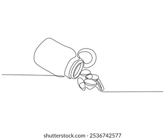 Continuous one line drawing of drug bottle, pill bottle. One line drawing illustration of supplements jar. Medical, healt care product concept single line. Editable outline