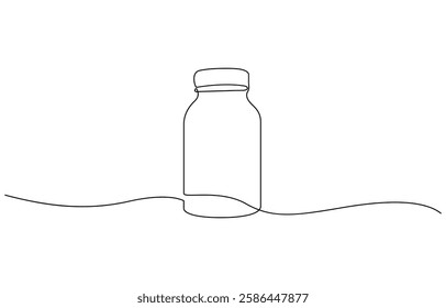 Continuous one line drawing of drug bottle, pill bottle. One line drawing illustration of supplements jar, Jar bottle icon line continuous drawing vector. One line jar icon vector background.