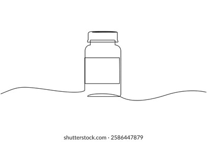 Continuous one line drawing of drug bottle, pill bottle. One line drawing illustration of supplements jar, Jar bottle icon line continuous drawing vector. One line jar icon vector background.