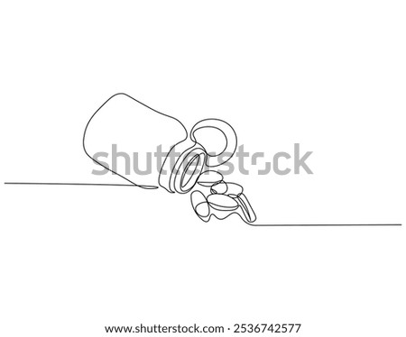 Continuous one line drawing of drug bottle, pill bottle. One line drawing illustration of supplements jar. Medical, healt care product concept single line. Editable outline
