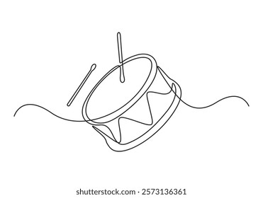 Continuous one line drawing of drum with sticks. Isolated on white background vector illustration