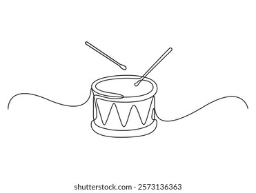 Continuous one line drawing of drum with sticks. Isolated on white background vector illustration