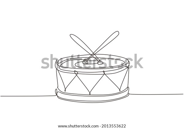 Continuous one line drawing drum with two\
sticks. Musical instrument, drumbeat, drumming. Drum music stick\
baby toys. Series of children\'s toys. Single line draw design\
vector graphic\
illustration