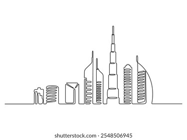 Uma linha contínua desenhando a cidade de Dubai. Isolado no fundo branco. Ilustração vetorial