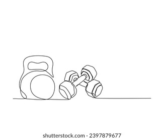 Continuous one line drawing of dumbbell - fitness equipment. Kettlebell ,and dumbbell outline vector illustration.