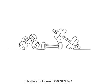 Dibujo continuo de una línea de dumbbell - equipo de fitness. Kettlebell y la ilustración vectorial de contorno de dobladillo.