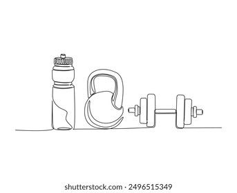 Continuous one line drawing of Dumbbell - Barbell gym equipment. Water bottle and Fitness equipment single line vector illustration.