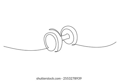 Continuous one line drawing of Dumbbell - Barbell gym equipment, Drawing of dumbbell in continuous single line style. Sport equipment in linear style. Outline symbol for design of poster, banner.