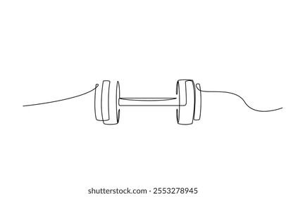 Continuous one line drawing of Dumbbell - Barbell gym equipment, Drawing of dumbbell in continuous single line style. Sport equipment in linear style. Outline symbol for design of poster, banner.
