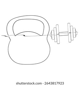 Continuous one line drawing of dumbbell - fitness equipment. Kettlebell and dumbbell outline vector illustration.
