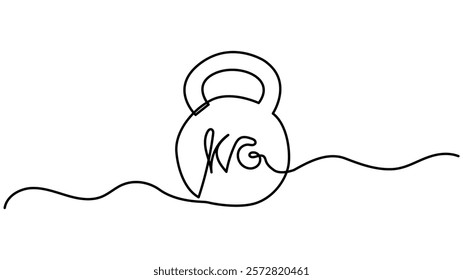 Continuous one line drawing of dumbbells. Sport equipment in one linear style. Design element for poster, banner, flyer. Sport, workout, wellness. Editable stroke., Kettlebell linear icon