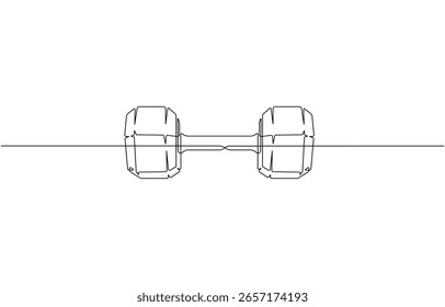 Uma linha contínua desenhando halteres para exercício. Ginásio, conceito de fitness, equipamento de esporte em estilo linear Barbell equipamento de ginástica, símbolo de esboço para design de cartaz, banner.
