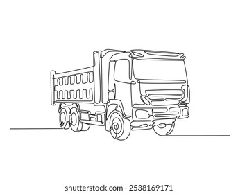 Dibujo continuo de una línea de transporte industrial de camiones volquete. Gran camión de volteo de una sola línea de Ilustración vectorial de arte. Vector editable. 
