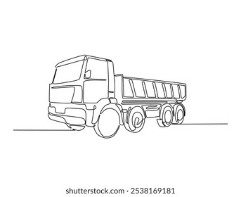 Continuous one line drawing of dump truck industrial transportation. Big dump truck single line art vector illustration. Editable vector. 

