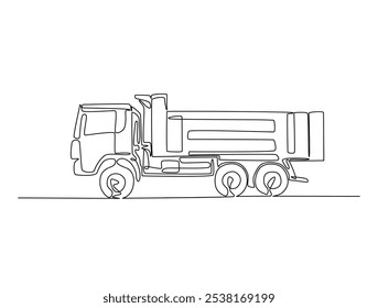 Continuous one line drawing of dump truck industrial transportation. Big dump truck single line art vector illustration. Editable vector. 

