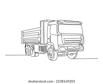 Continuous one line drawing of dump truck industrial transportation. Big dump truck single line art vector illustration. Editable vector. 
