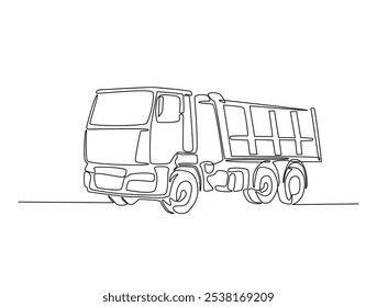 Continuous one line drawing of dump truck industrial transportation. Big dump truck single line art vector illustration. Editable vector. 
