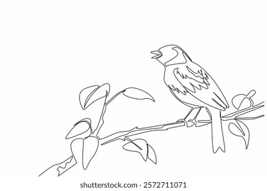 Continuous one line drawing dunnock bird perched on tree branch with leaves. Landed and chirped. The little one from Europe. International Dawn Chorus Day. Single line draw design vector illustration