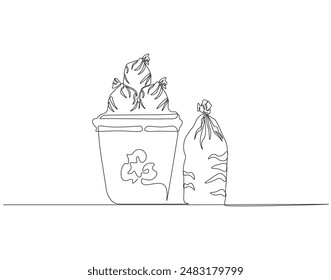Continuous one line drawing of dust bin and plastic trash bag. One line drawing illustration of garbage container and trash bag. Waste disposal concept one line. Editable outline.
