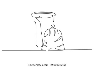 Continuous one line drawing of dust bin and plastic trash bag. Single line drawing illustration garbage container and plastic trash. Waste management concept vector art. Line vector illustration. 
