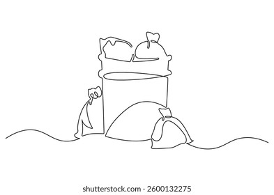 Continuous one line drawing of dust bin and plastic trash bag. Single line drawing illustration garbage container and plastic trash. Waste management concept vector art. Line vector illustration. 
