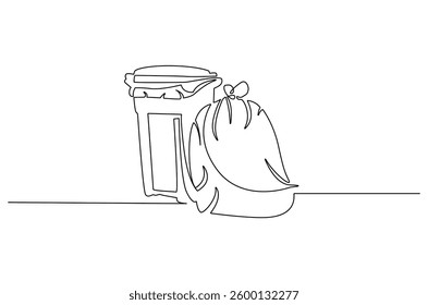 Continuous one line drawing of dust bin and plastic trash bag. Single line drawing illustration garbage container and plastic trash. Waste management concept vector art. Line vector illustration. 
