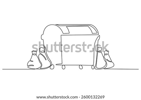 Continuous one line drawing of dust bin and plastic trash bag. Single line drawing illustration garbage container and plastic trash. Waste management concept vector art. Line vector illustration. 
