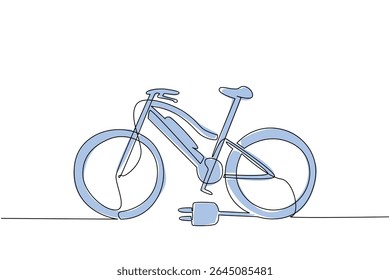 Desenho contínuo de uma linha e bicicleta com um plugue de cabo em seu pneu traseiro. Bicicletas elétricas que podem ser carregadas em estações de carregamento. Tecnologia. Dia Nacional Da Bicicleta E. Ilustração de vetor de design de desenho de linha única