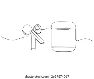 Continuous one line drawing of earphone. One line drawing illustration of wireless vaccum earphone. Fitness equipment, head accessory concept single line. Editable outline